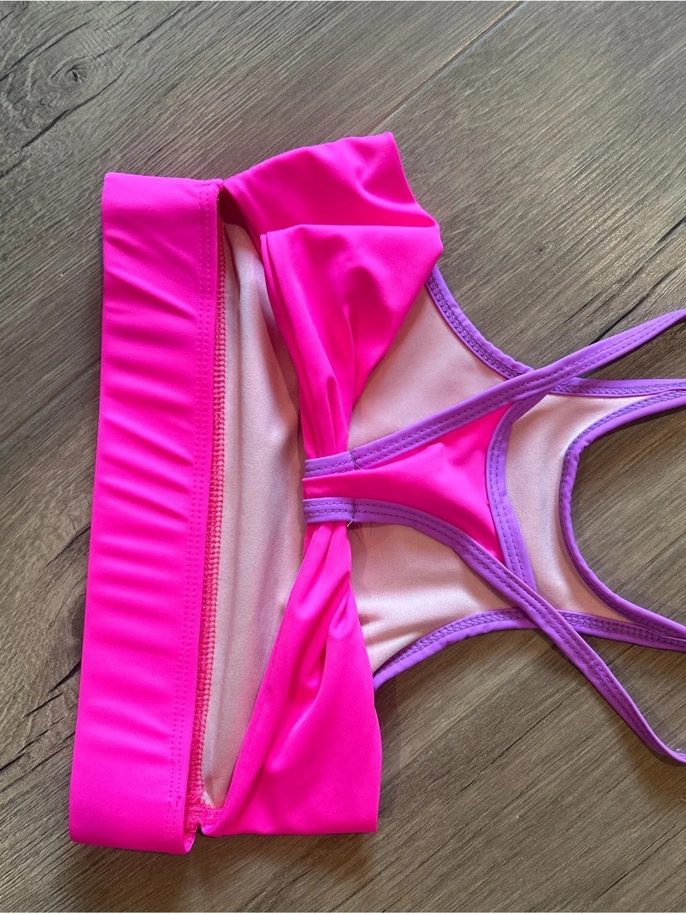 Bright Neon Pink Sports Bra with Lavender Trim